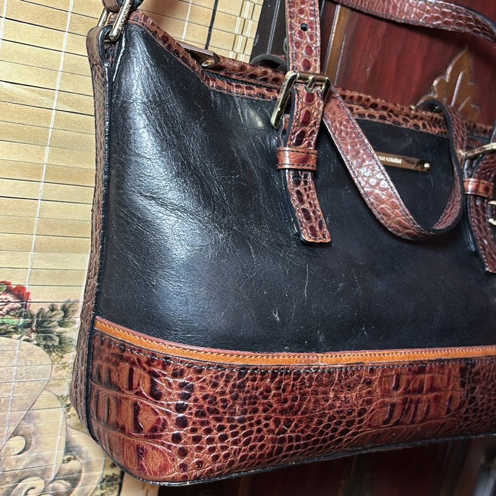 Brahmin Leather Mini Tote Black Pecan Croc Tan w Adj Strap 13”Wx7.25”Hx4.5”W - Picture 6 of 17